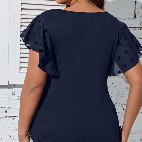 SHEIN Clasi Plus Twist Front Butterfly Sleeve Curved Hem Tee Navy Blue 0XL 12 - Picture 2 of 2